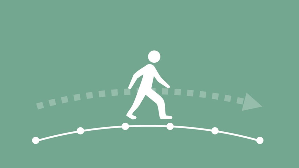Stiliserad bild av en person som rör sig längs en bana med sex punkter.