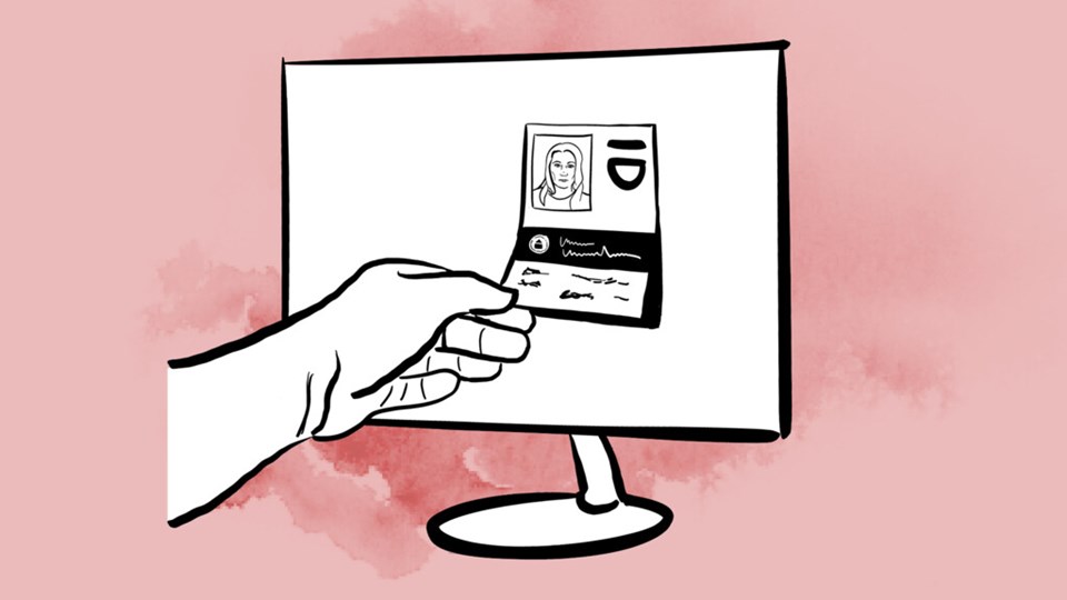 Illustration med hand plockar uppgifter från ett id-kort på en datorskärm för att illustrera GDPR.