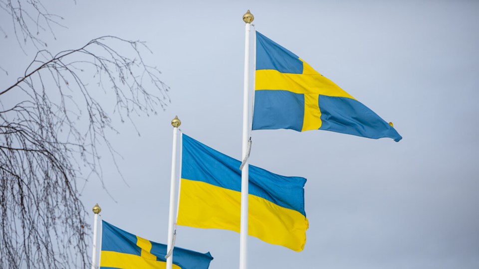 Svenska flaggor och ukrainsk flagga hissade på campus.