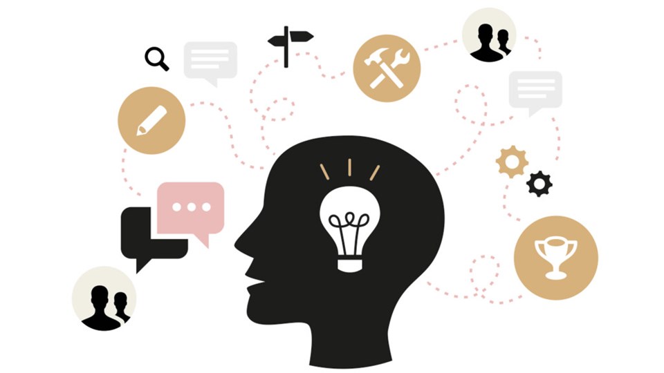 Ikon som illustrerar utveckling, idégenerering, tänka, brainstorma. Huvud med lampa i och olika symboler runtom.