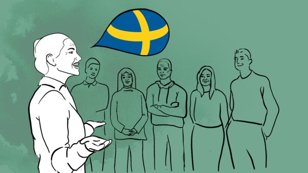 Illustration kvinna som pratar, svensk flagga visas i pratbubbla