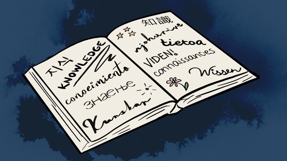 Illustration av uppslagen bok med ord på olika språk med blå bakgrund.
