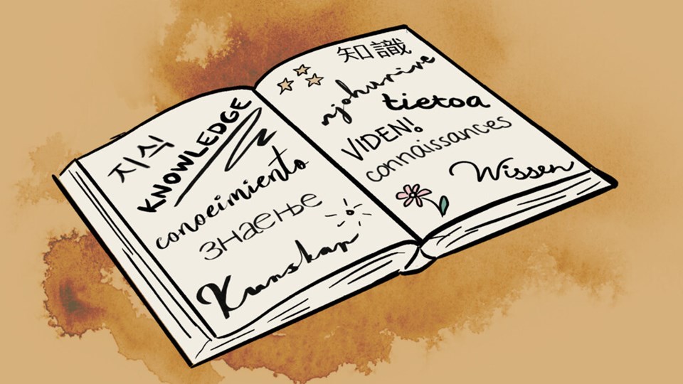 Illustration av uppslagen bok med ord på olika språk och gul bakgrund.