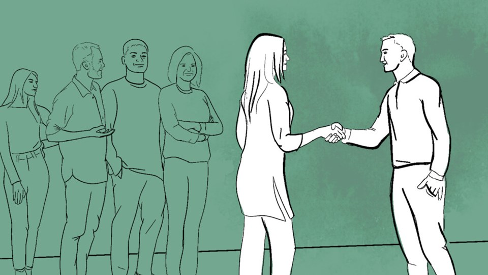Illustration of two people shaking hands.