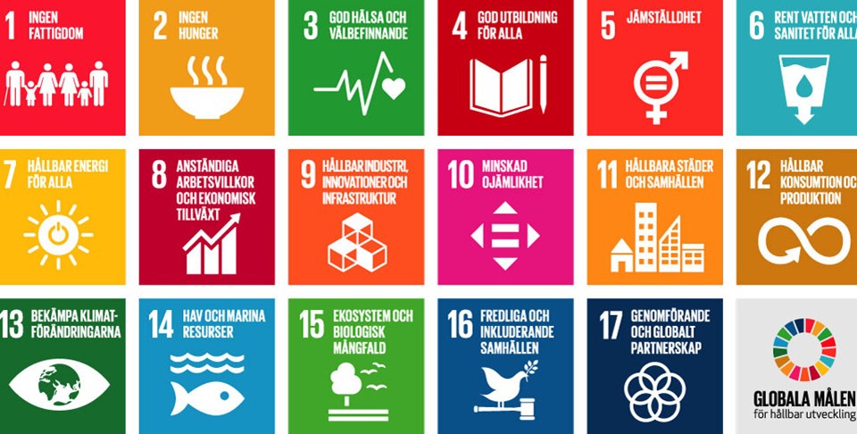 Karta över ikoner som representerar FN:s 17 globala hållbarhetsmål i Agenda 2030.