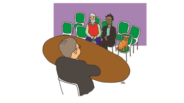 Illustration med mötessituation där få deltagare dykt upp och det finns flera tomma stolar. Ska illustrera värdegrundsdilemma då får medarbetare dyker upp på arbetsplatsträffarna.