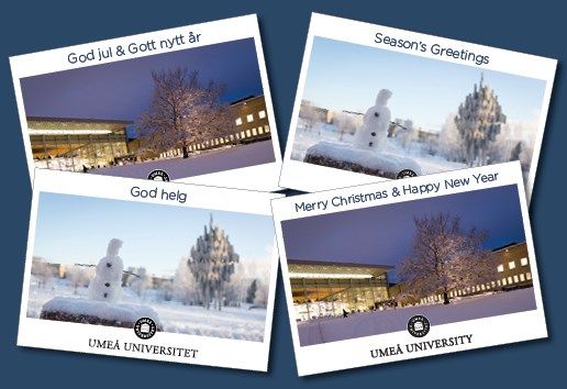Kollage med 2019 års julkort från Umeå universitet.