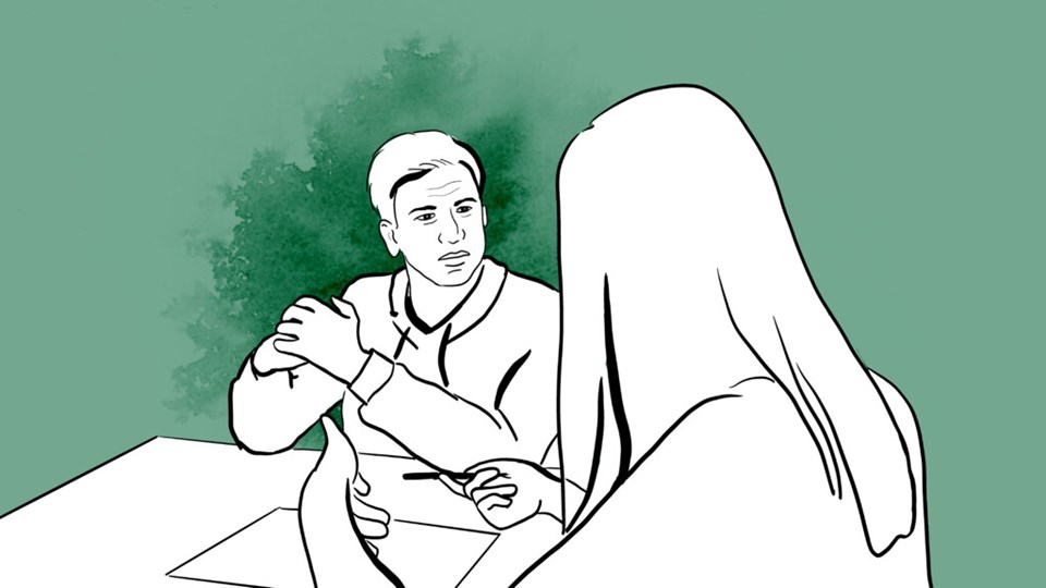 Illustration med två personer som sitter vid ett bord och samtalar