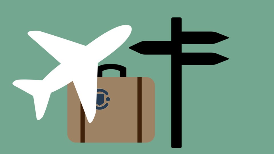 Illustration av ett flygplan, en reseväska och en vägvisare för att illustrera utlandsstudier.