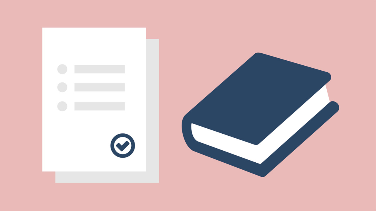 Illustration med ikoner för en bok och dokument för att illustrera regler eller regelverk.