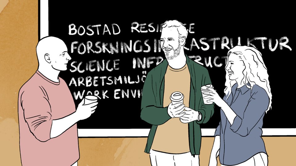 Illustration av hur tre personer står och samtalar med kaffekoppar i händerna.