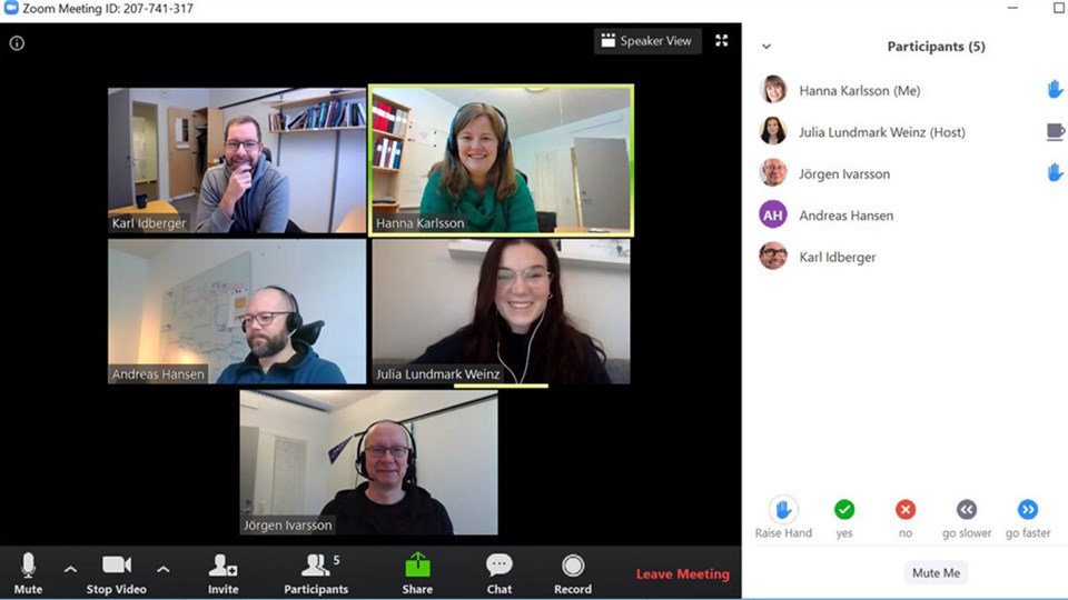 En skärmavbild av ett pågående Zoom-möte med fem deltagare